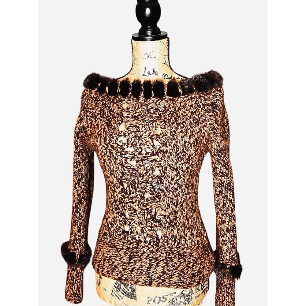 URCHIN WOOL KNIT SWEATER ANGORA TRIM OPEN FLORAL DESIGN BROWN BEIGE SMALL / S